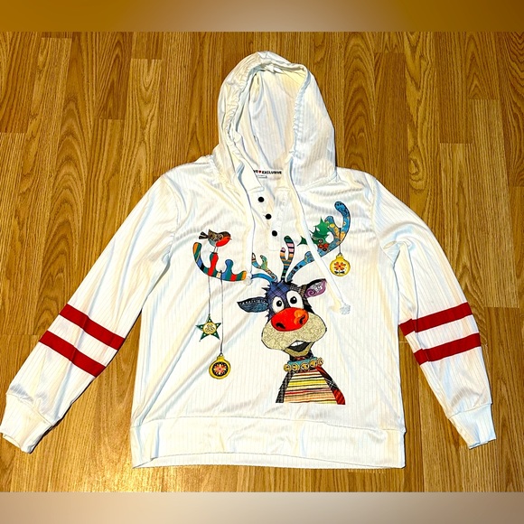 Exclusive ❤️ White Ribbed Christmas Hoodie w/ Reindeer Graphic - Adult Medium - Picture 1 of 10